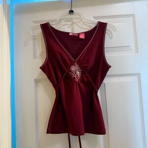 Burgundy Asymmetrical Embellished Tank Top